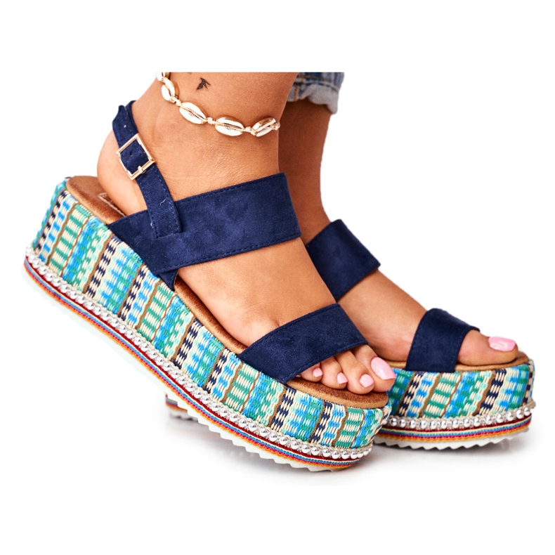 FW1 Sandali da donna su espadrillas con zeppa, blu navy Sandy
