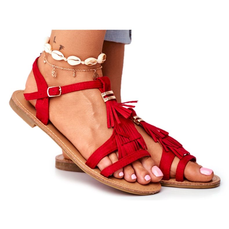 FJ1 Sandali Bassi Donna Scamosciato Boho Rosso Lucami