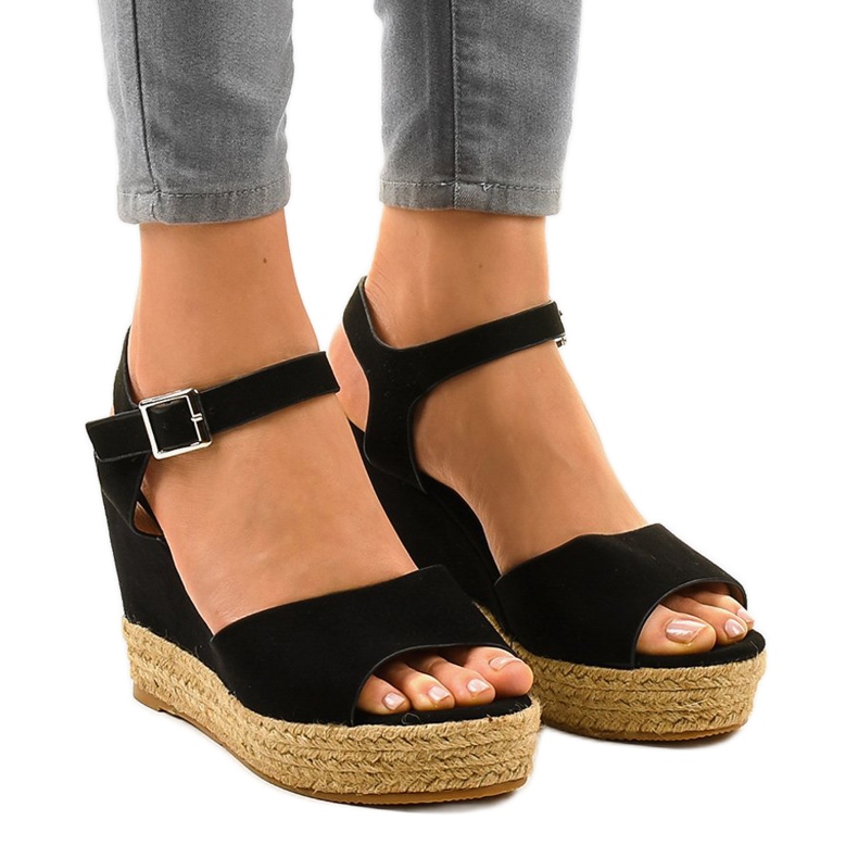 Sandali neri con zeppa espadrillas 9R195 nero