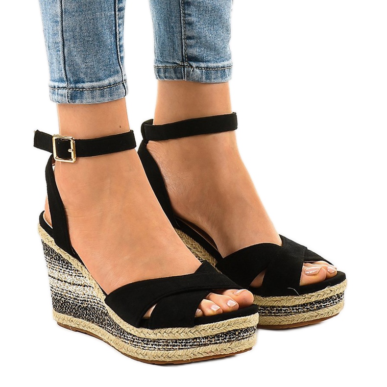 Sandali neri con zeppa espadrillas 150-613 nero