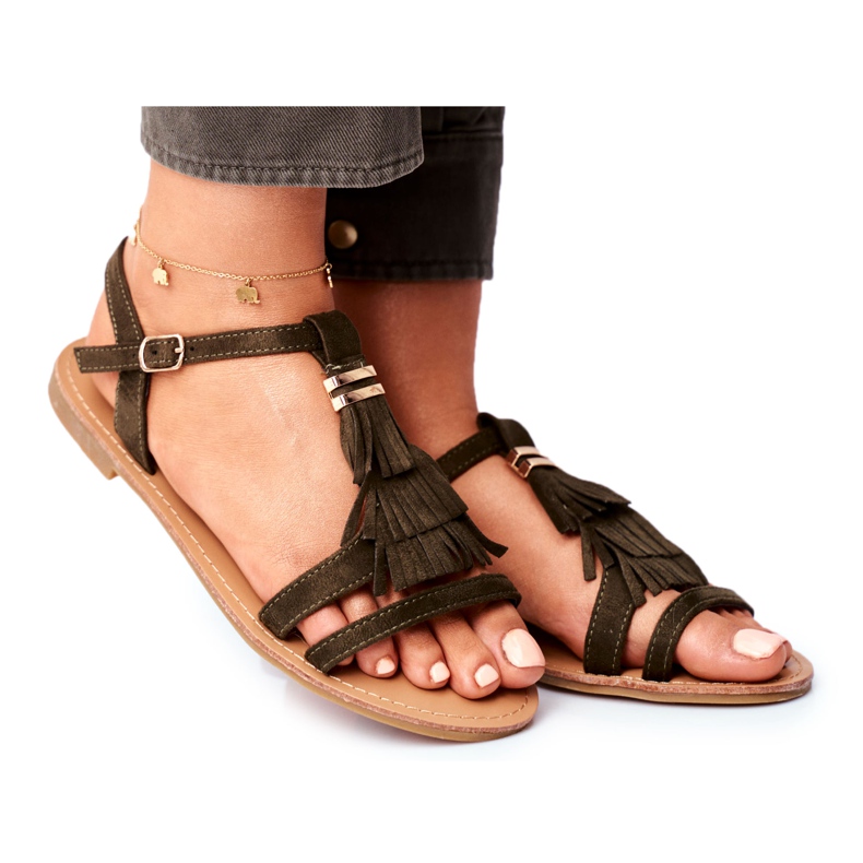 FJ1 Sandali Donna Piatto Suede Boho Oliva Lucami multicolore verde