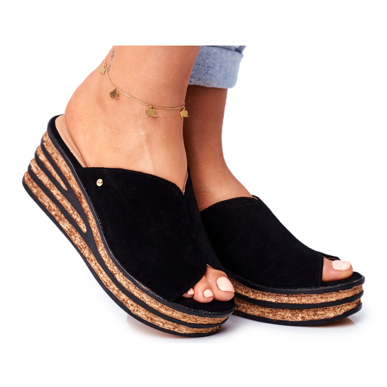 Pantofole in pelle da donna con zeppa Nicole 2559 Black Lemonade nero