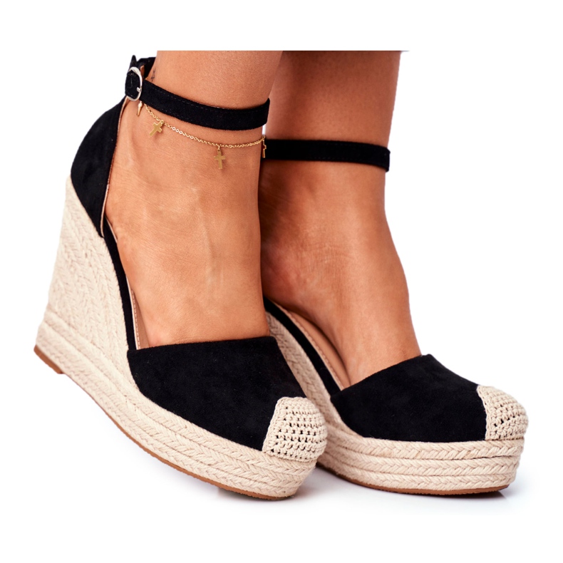 MSMG Sandali da donna con zeppa in lino nero avocado