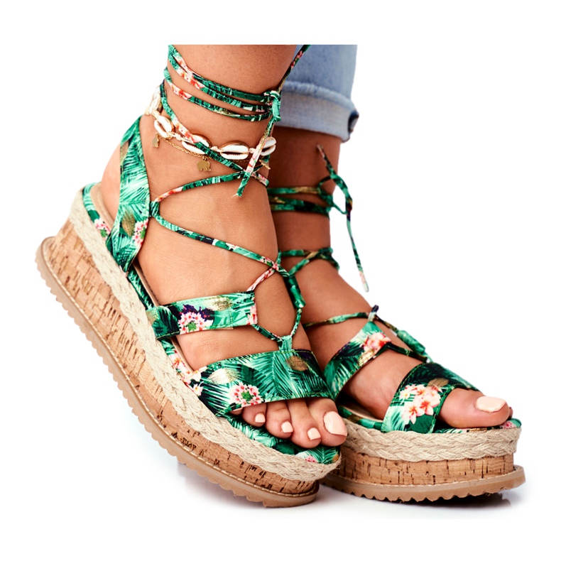 FB2 Sandali da donna sulla piattaforma di sughero allacciati in verde a modo mio multicolore