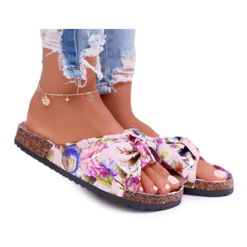 PS1 Pantofole rosa da donna sui fiori di sughero Wendy's Bow multicolore