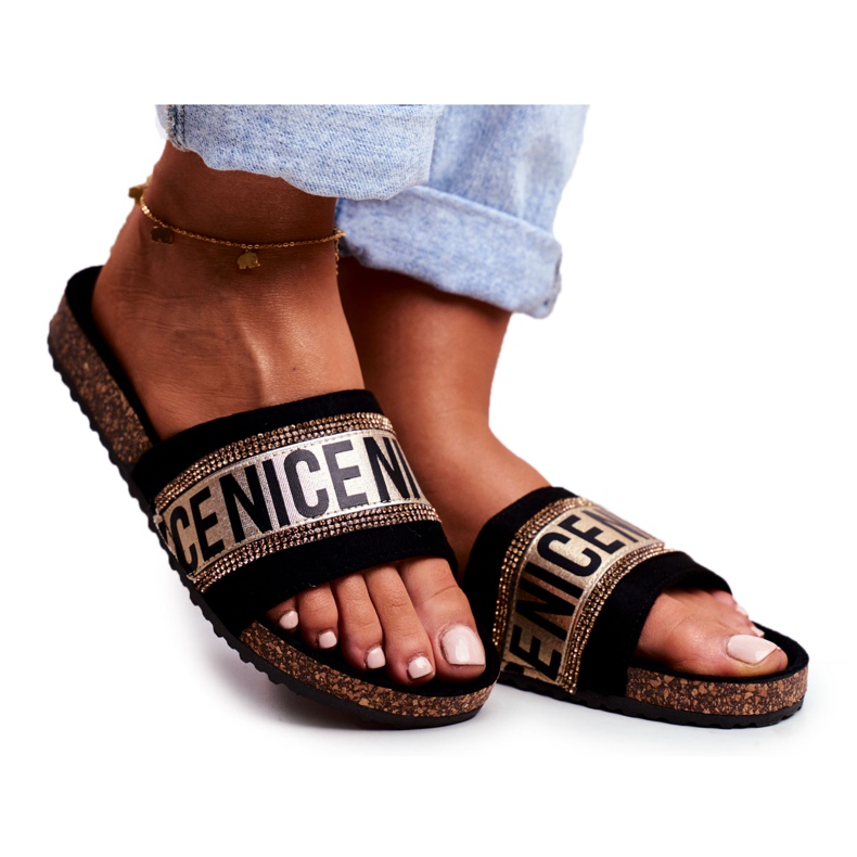 EVE Pantofole nere da donna su sughero BeNice con strass dorati nero giallo