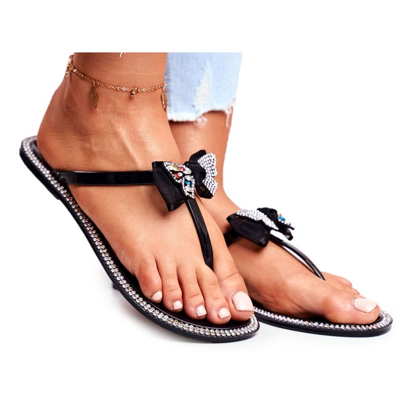 LU BOO Pantofole in gomma da donna Infradito nere Lissy Strass nero