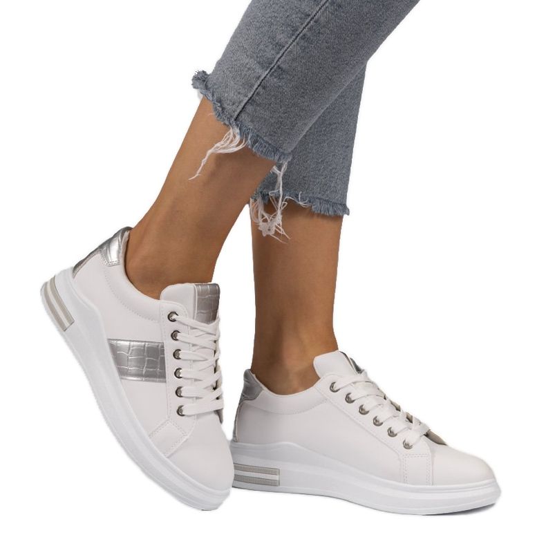 Sneakers bianche alla moda con ecopelle C912 bianca d'argento grigio