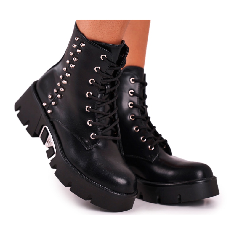 FG2 Stivali da donna con rivetti sulla piattaforma Hard Rock nera grunge nero