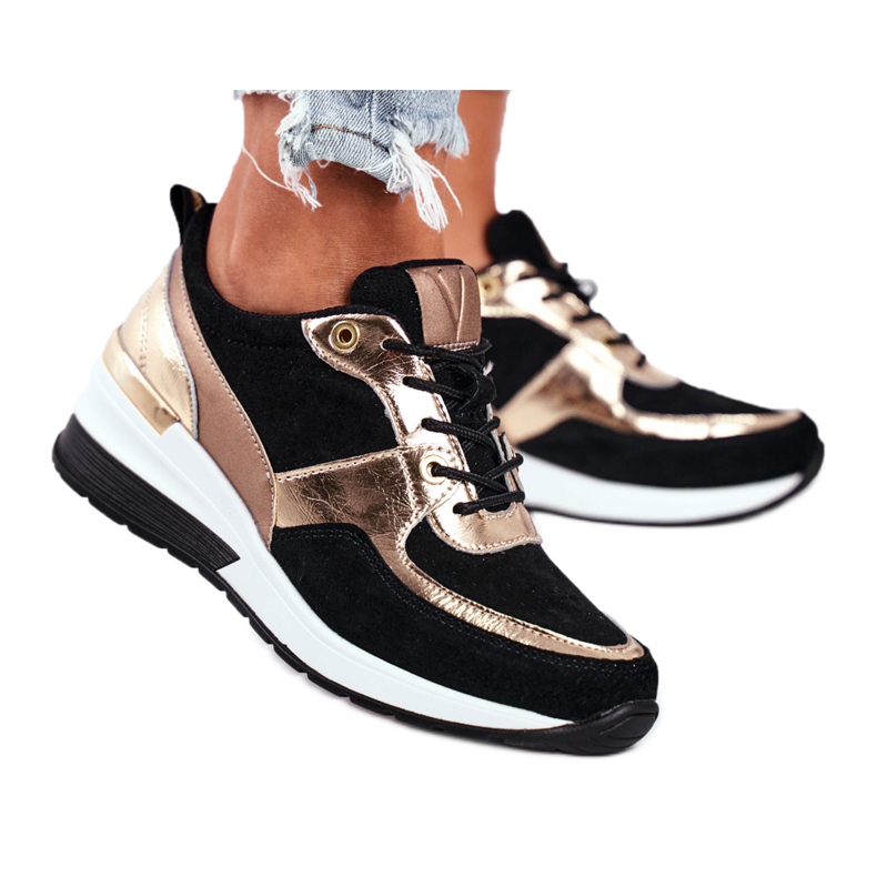 Vinceza Scarpe sportive da donna in pelle nera e oro 21-7777 nero