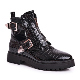 FB2 Stivali Da Donna Con Intagli Laccati Croco Nero Dorothy