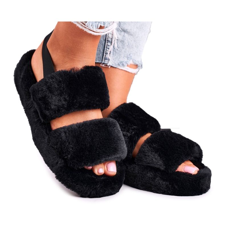 FJ1 Pantofole da donna sulla piattaforma di pelliccia nera Cotton Candy nero