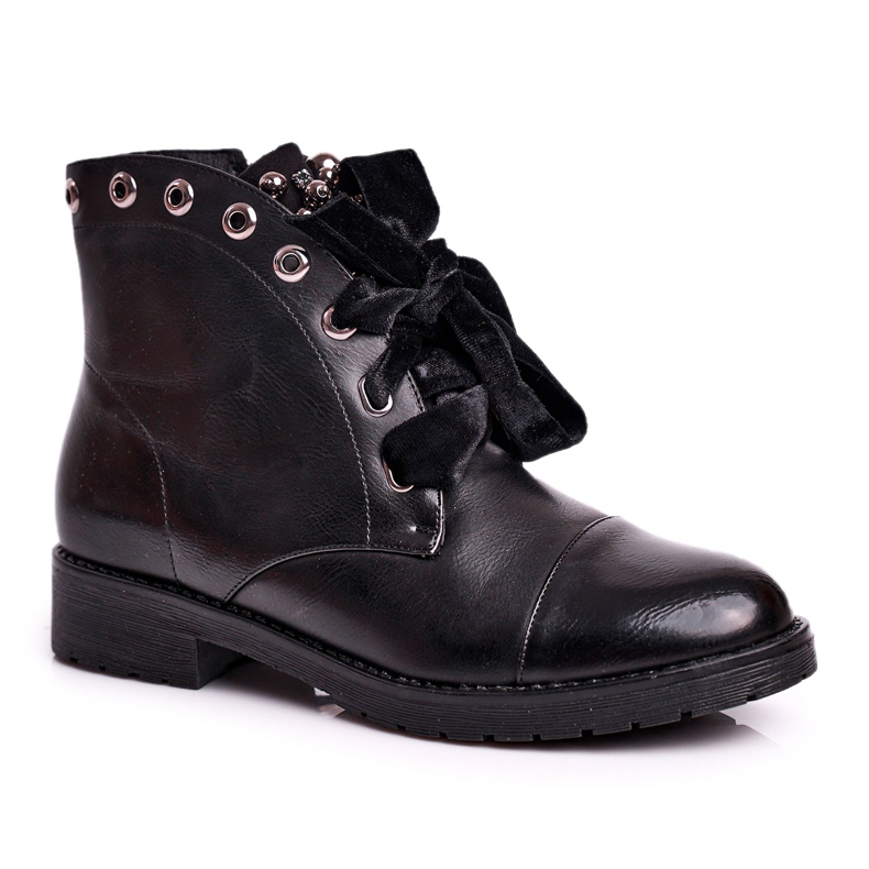 MSMG Stivali da donna con perle in metallo Warm Perla Ribbon nero