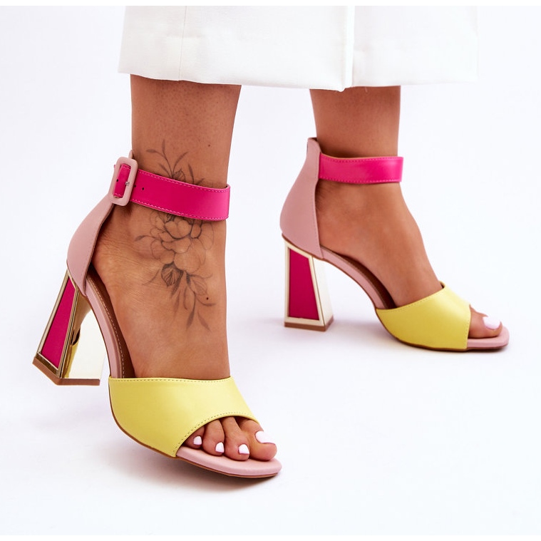 Eleganti sandali con tacco alto rosa-giallo 1