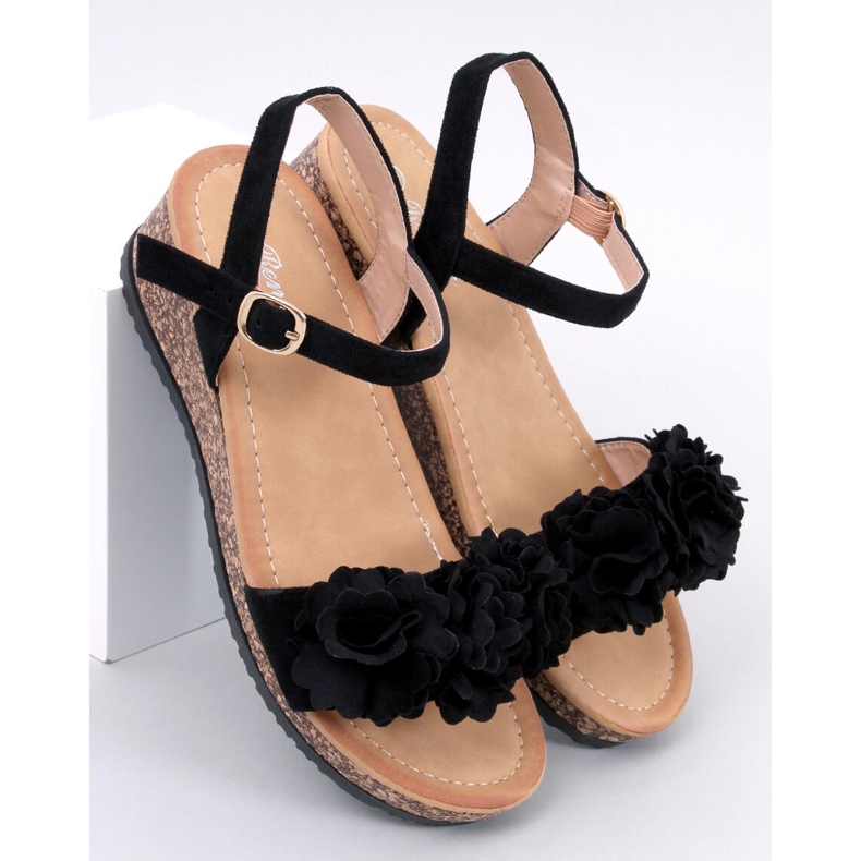 Sandali con zeppa con fiori di Pionter Black nero 1