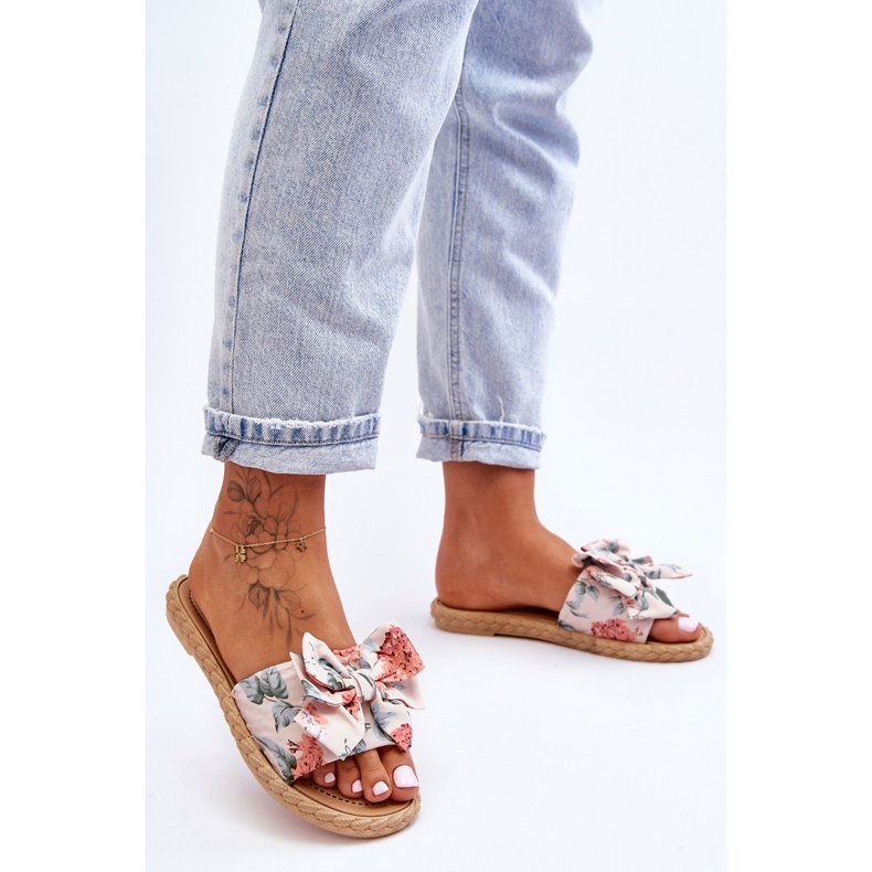Pantofole Da Donna Con Fiocco In Tessuto Fiore Beige 1