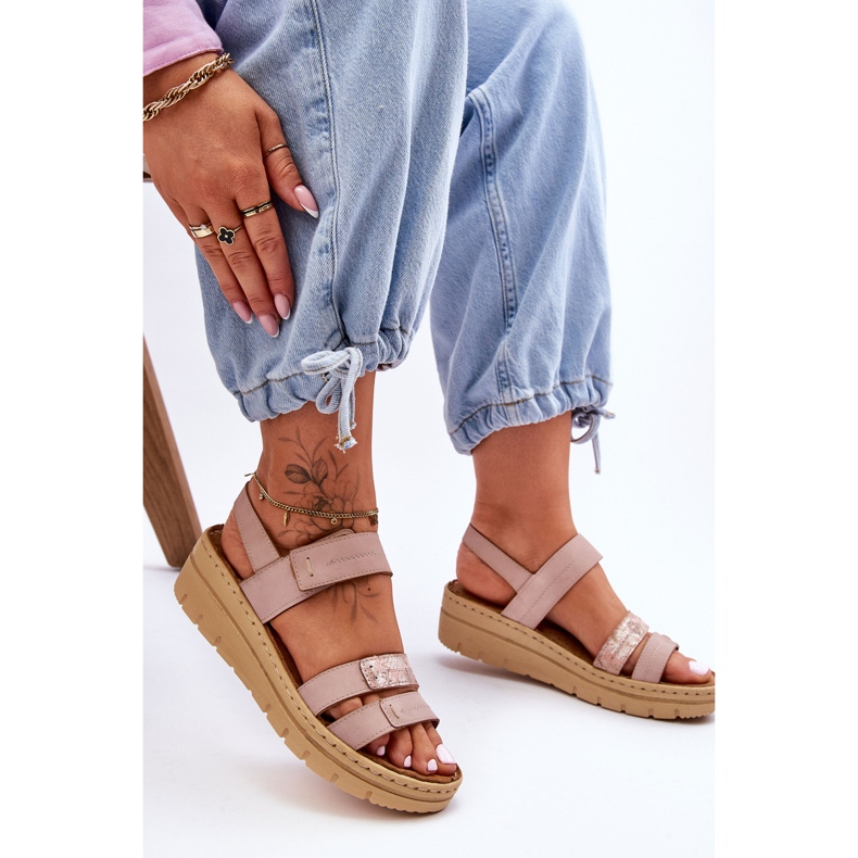 Vinceza Sandali in pelle da donna con velcro rosa look fresco 2