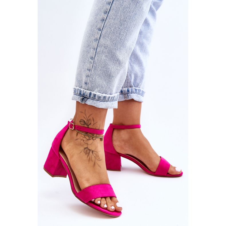 Sandali classici con tacco basso in pelle scamosciata luna di miele fucsia rosa 1