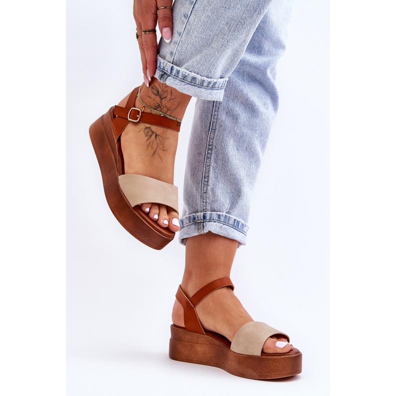 Comodi sandali con zeppa in pelle Tifena beige-marrone 1