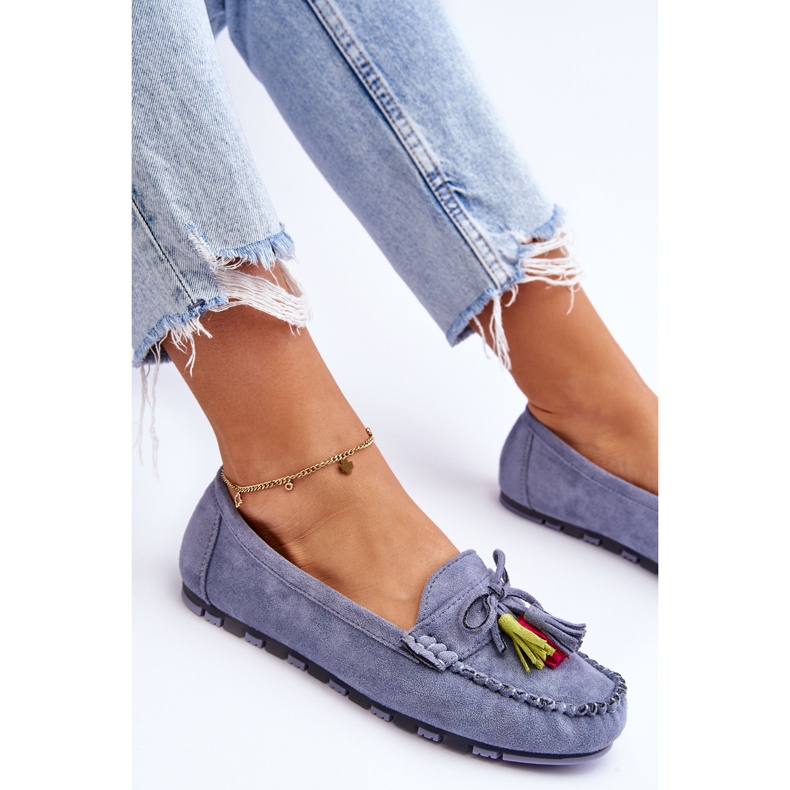 PS1 Mocassino Dorine In Camoscio Blu Con Fiocco E Frange 1