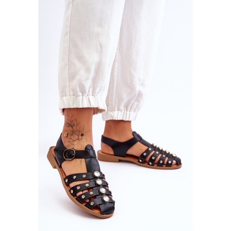 Sandalo Piatto Donna Con Zirconi Nero Ascot 2