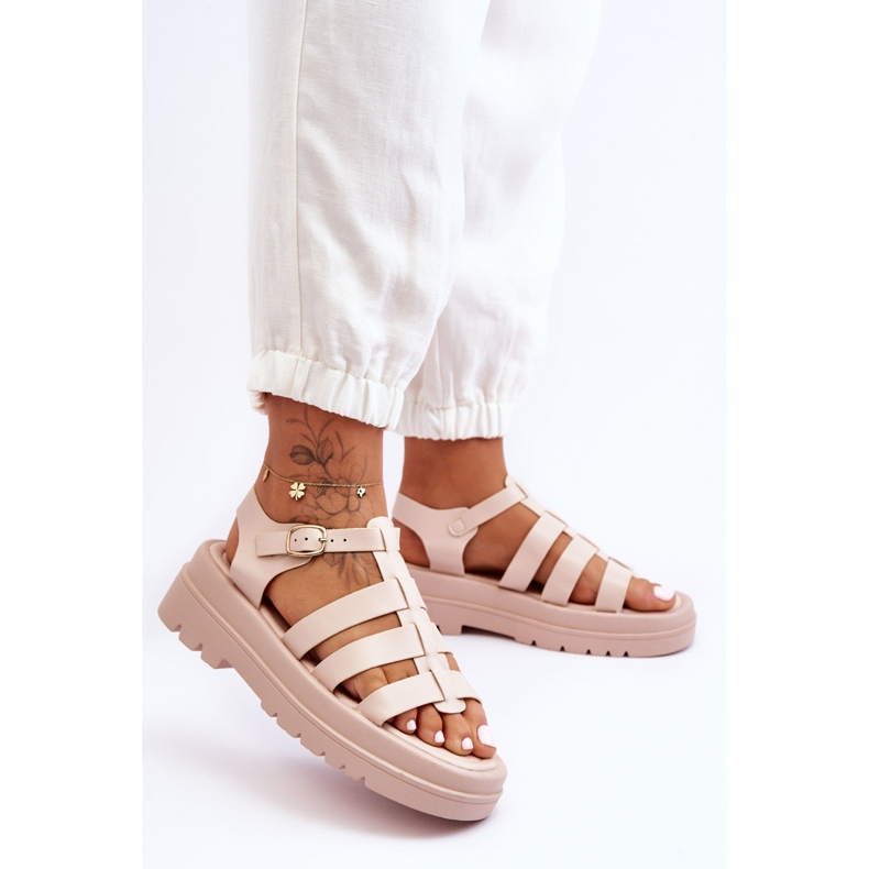 Sandali In Pelle Con Righe Colet Beige 1