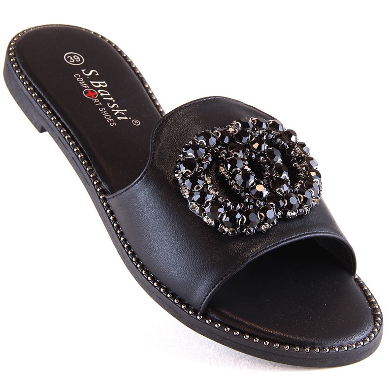 Ciabatte basse da donna comode con zirconi neri S.Barski Kv 520-30 nero 1
