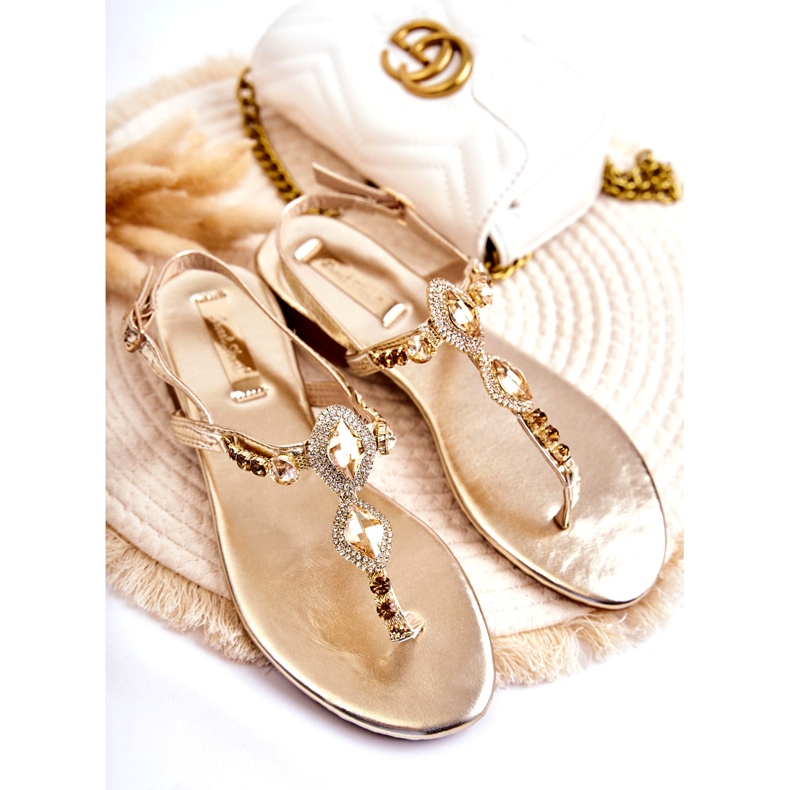 Sandali infradito alla moda da donna con strass dorati decorativi d'oro 7