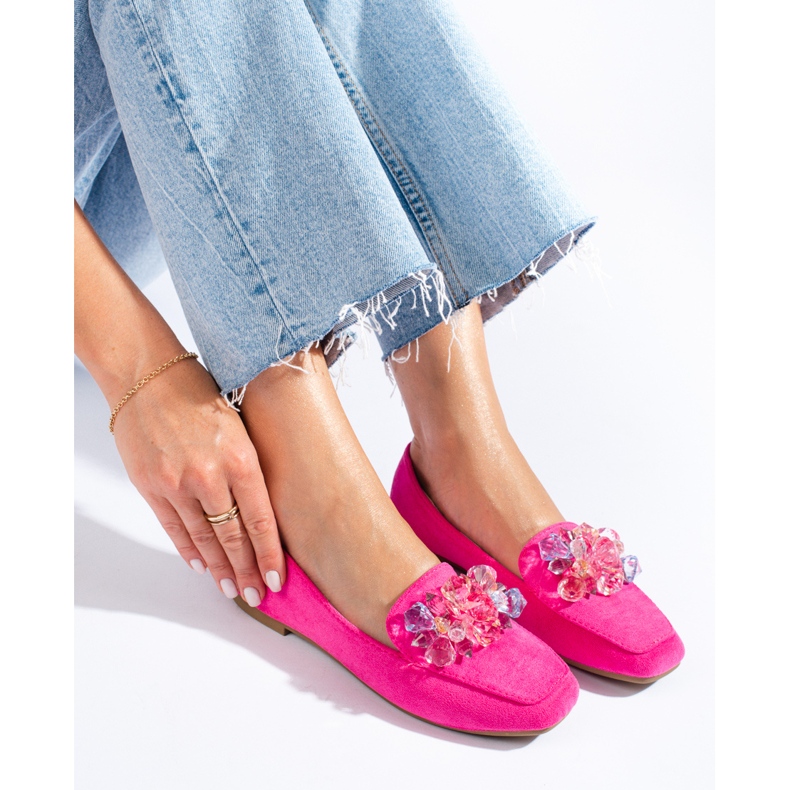 Mocassino Shelovet in camoscio rosa con cristalli 1