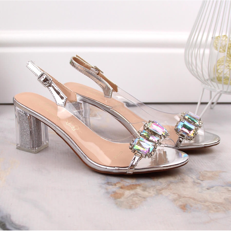 Sandali trasparenti da donna su montante argento con zirconi S.Barski MR1037-42 1