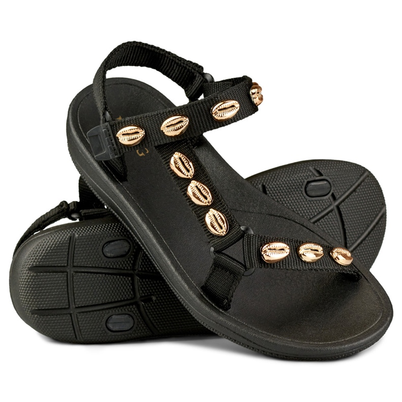 Sandali bassi da donna con decorazioni dorate nero 1
