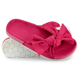 Pantofole da donna in camoscio fucsia con fiocco rosa 1