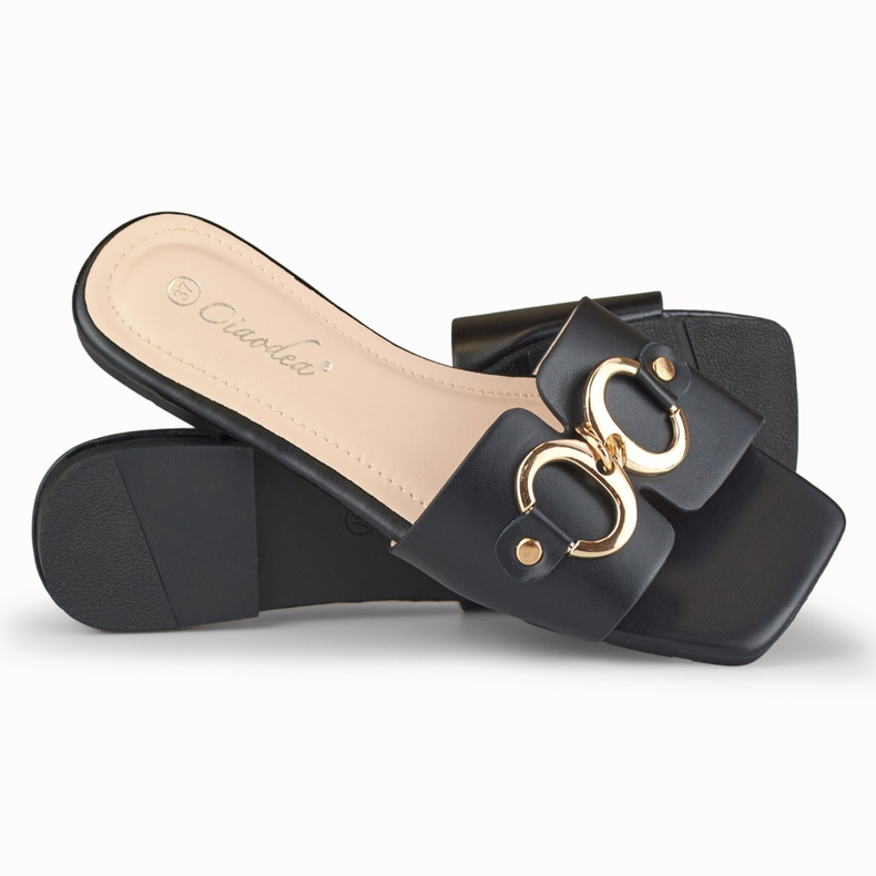 Pantofole da donna nere con decorazione Hensi oro nero 1