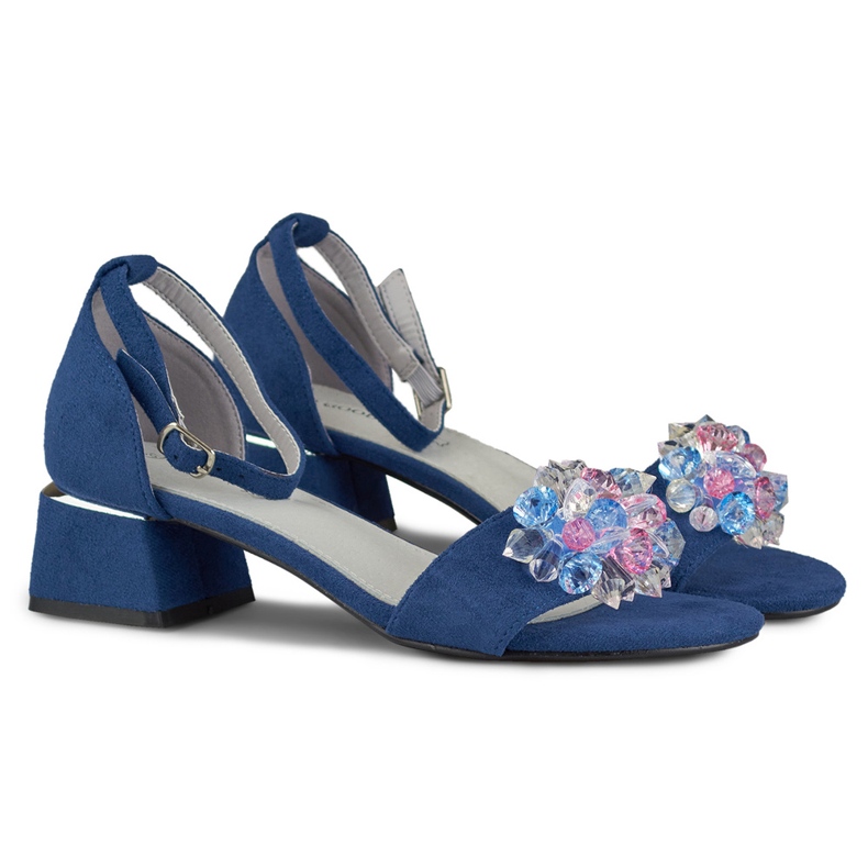 Sandali con tacco basso decorati blu navy 2