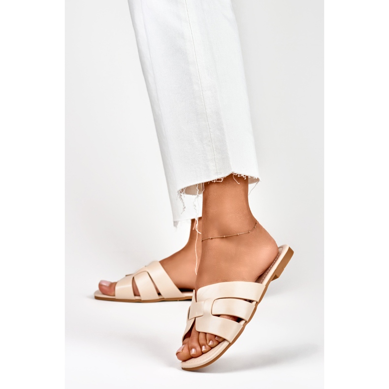 Pantofole da donna beige con suola piatta 2