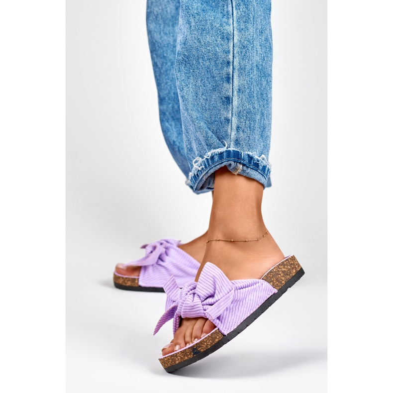 Pantofole da donna classiche in camoscio viola con fiocco 2