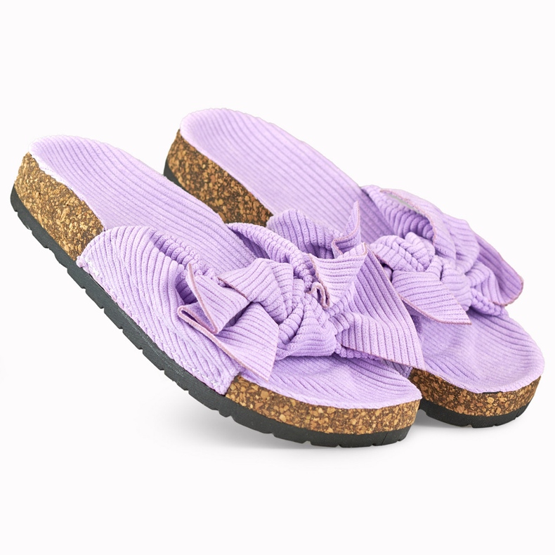 Pantofole da donna classiche in camoscio viola con fiocco 1