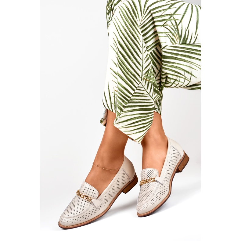 Scarpe traforate da donna in pelle naturale beige 1