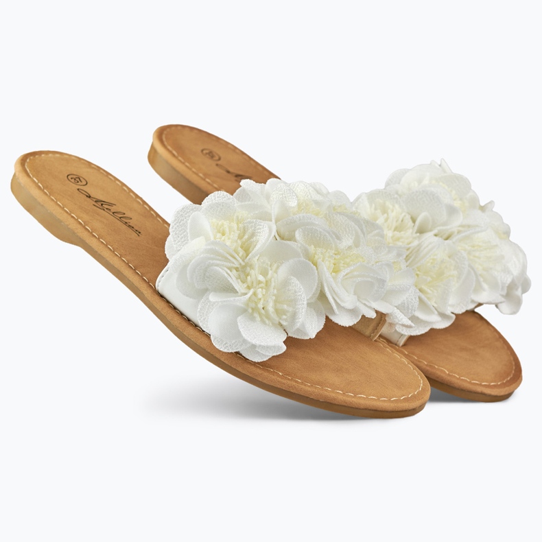 Pantofole da donna a fiore piatto bianche bianca 1