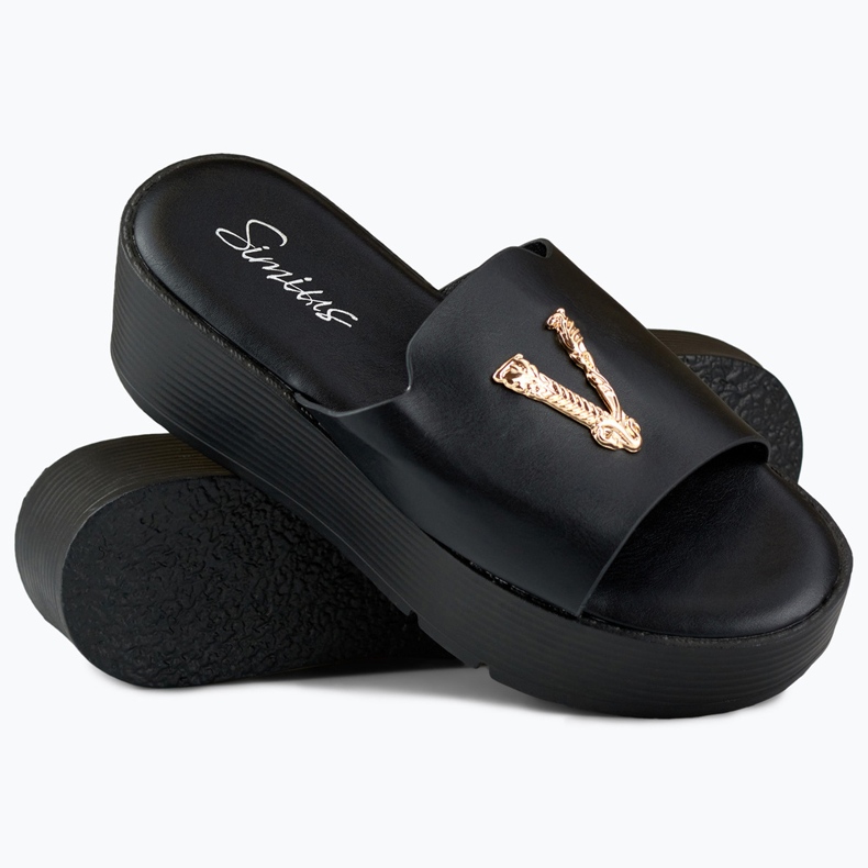 Sandali con zeppa da donna neri con decoro in oro nero 1