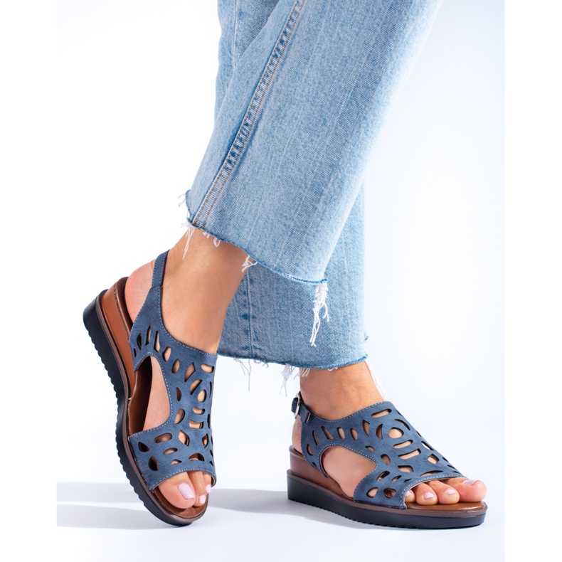Sandali con zeppa traforati blu navy da donna di Daszyński 1