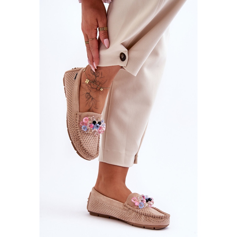 PM1 Mocassini Alla Moda In Pelle Scamosciata Con Ornamenti Delima Beige 1