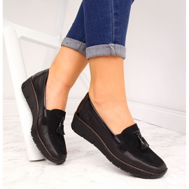 Scarpe con zeppa da donna in pelle nera Rieker 53771 nero 2