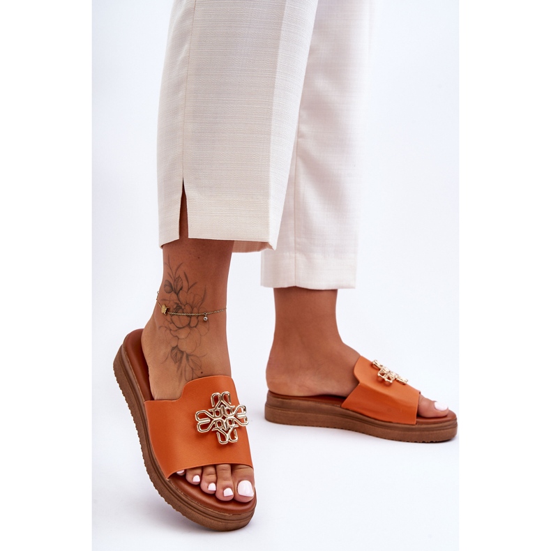 PG1 Ciabatte da donna in pelle con plateau e decoro Azera arancione arancia 1