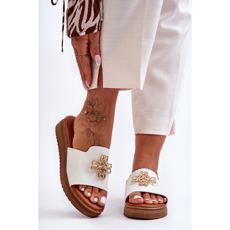PG1 Ciabatte da donna in pelle con plateau con decorazione Azera bianca bianco 2