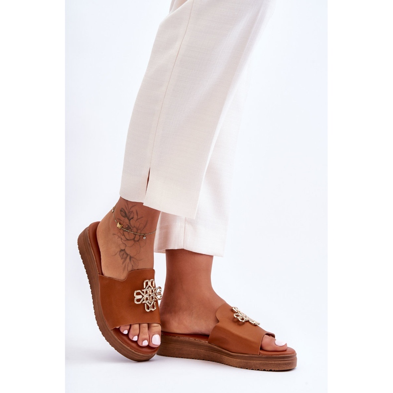 PG1 Pantofole Platform Donna In Pelle Con Decoro Marrone Azera 2