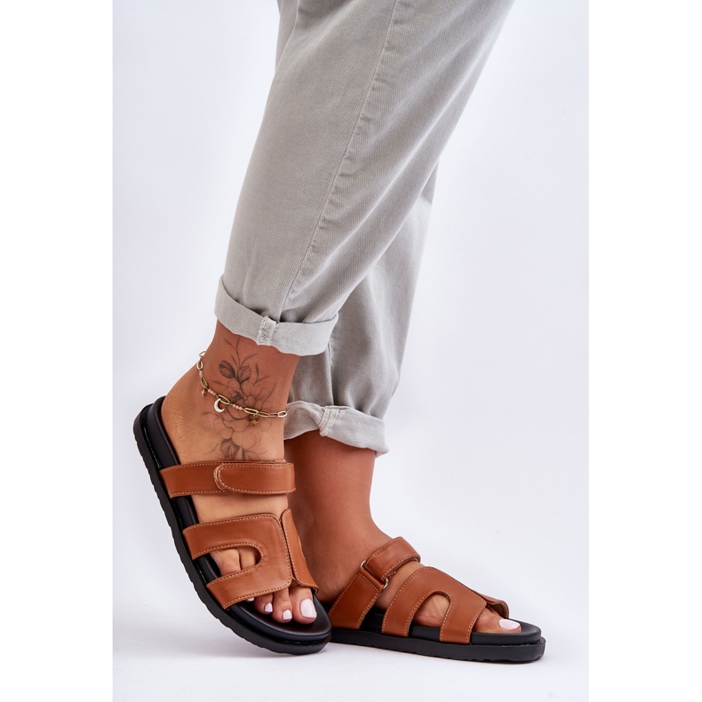 FJ1 Pantofole Velcro Classiche da Donna in Pelle Marrone Amedon 1