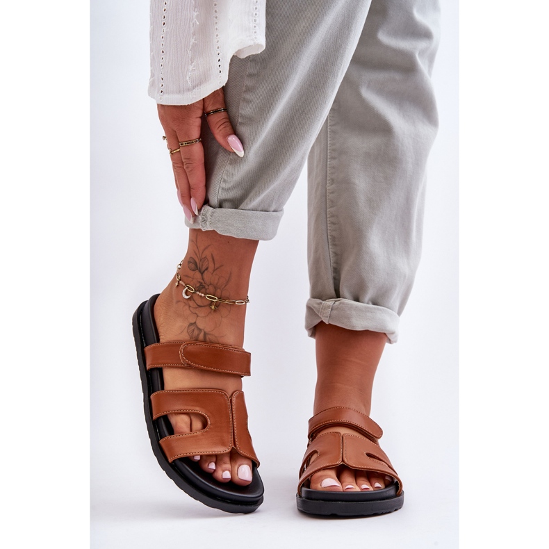 FJ1 Pantofole Velcro Classiche da Donna in Pelle Marrone Amedon 2