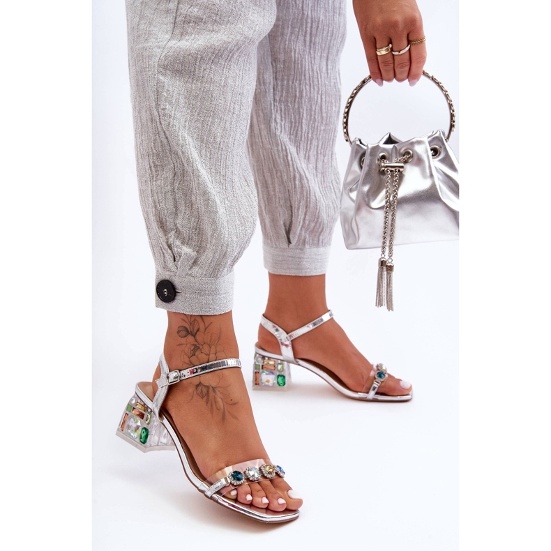 Sandali da donna su tacchi alti con cristalli argento S.Barski MR1037-01 2