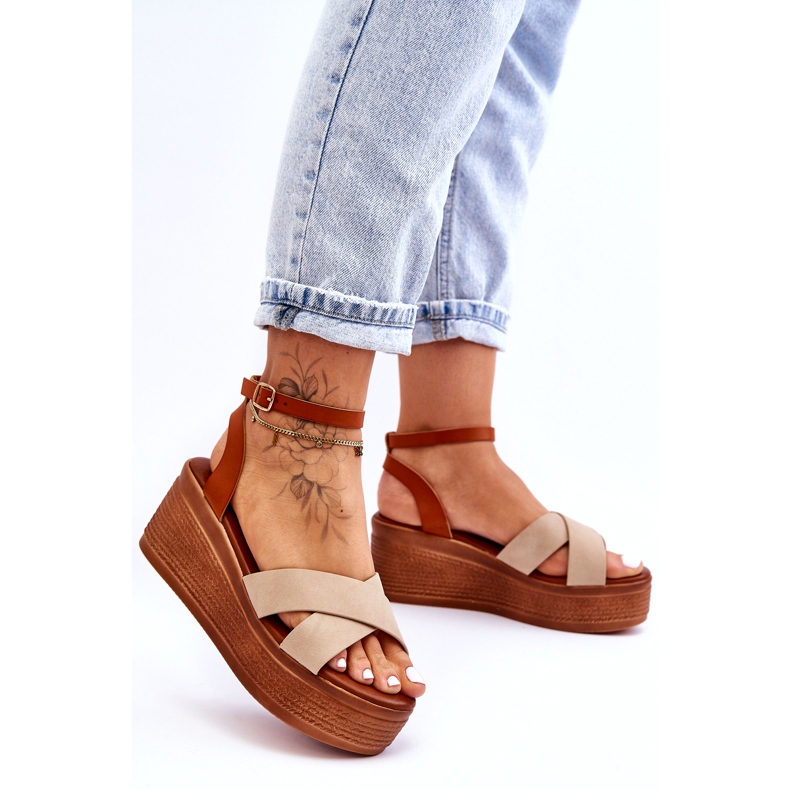 Sandali eco-inola femminile per zeppe marroni-beige marrone 1